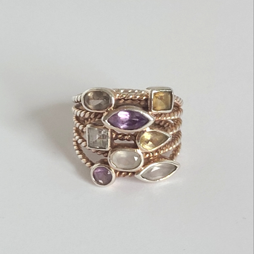 Vintage Boho Chunky Purple Colourful Wide Crystal  Sterling Silver Cocktail Ring